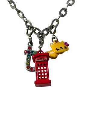 Charm It Necklace 3 Charms Swivel Kitty London Photo Booth Letter T Rhinestones